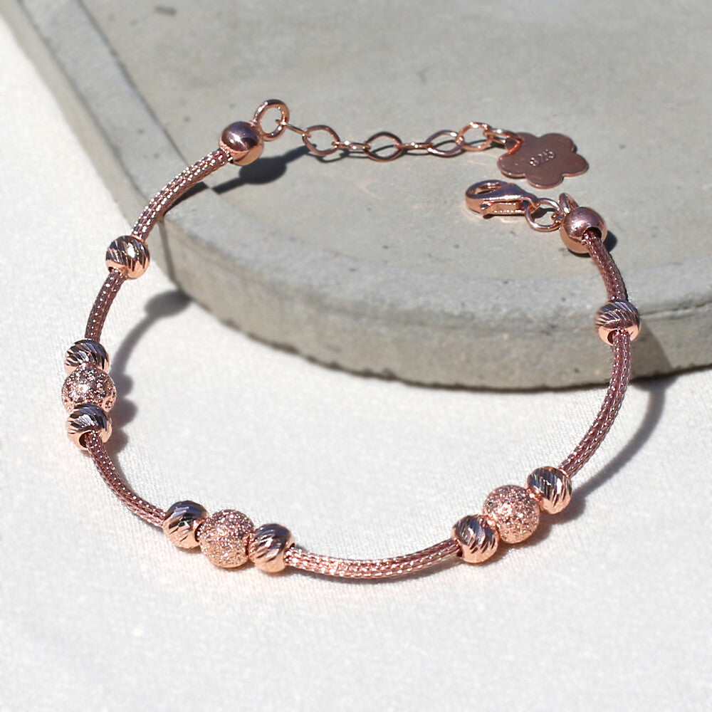 Clotho 925 Ayar Gümüş, Hasır Zincir, Dorika, Simli Top Rose Bileklik